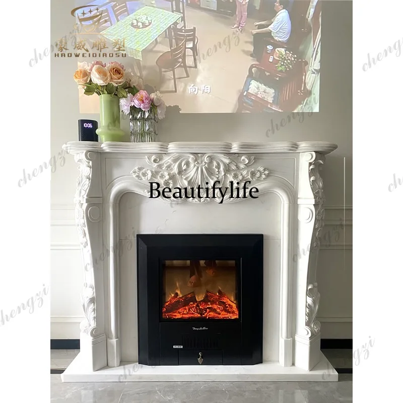 Marble carved fireplace, French relief, European sculpture decorative cabinet, white marble stone fireplace