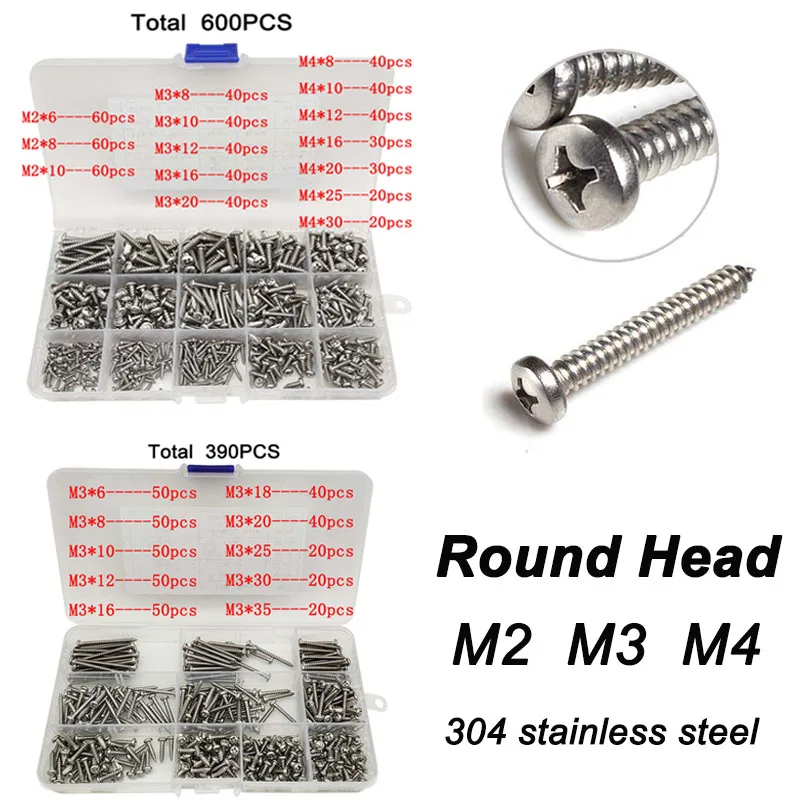 

M2 M3 M4 Self Tapping Screws Assortment Kit Round Head Phillips Drive Screws Set 304 Stainless Steel Wood Screw 390pcs 600pcs