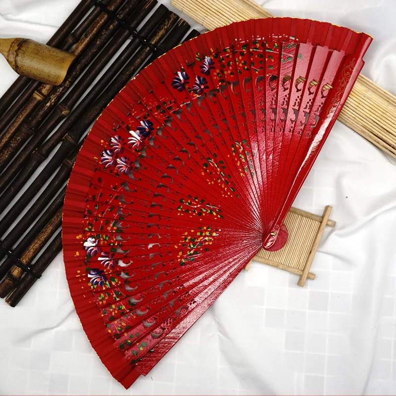 Spanish Painted Wood Folding Fan Classical Dance Performance Folding Fan Hollow Carving Hand Fan Crafts Home Decor Photo Props