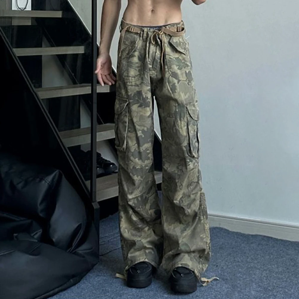 

Mens Y2k American Retro Pocket Camouflage Straight Pants Genderless Trendy Hip-Hop Workwear Style Loose Wide-Leg Pants Unisex