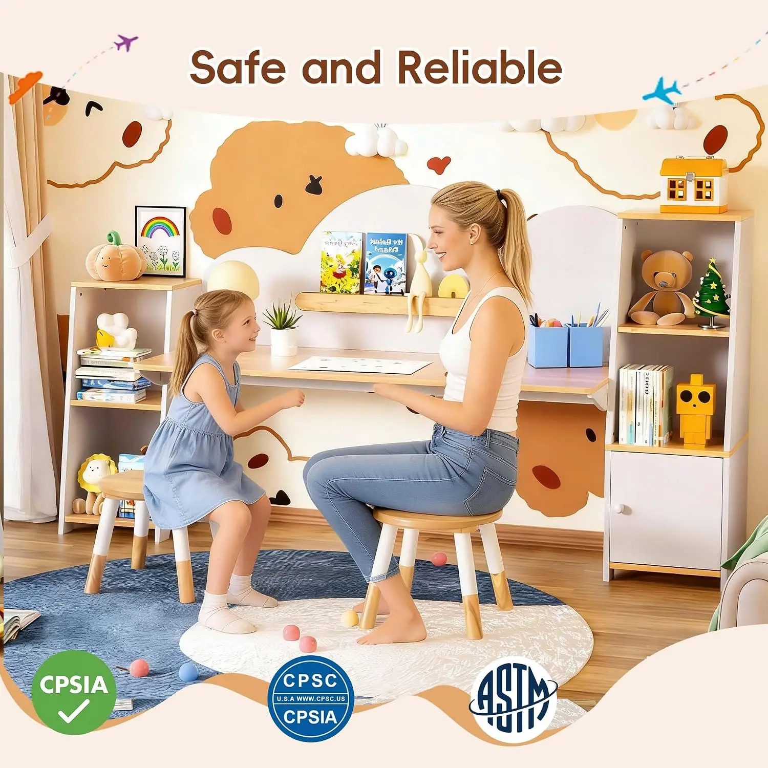 Kids Study Desk & Chair Set with Storage Bookshelves 2 Stools, Student Children Table for Bedroom, Ages 3-8, Customized view 3