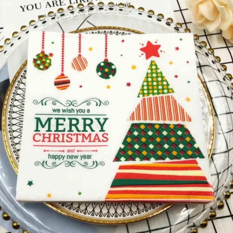 New Christmas Tree Colorful Printed Napkins Square Paper Napkins Restaurant Cafe Folded Facial Tissue 2 Ply 33*33cm Food Grade