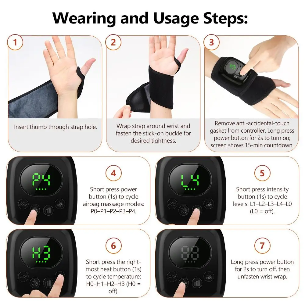 Heat Compress Cordless Hand Massager Kneading Rollers Multiple-Level Adjustable Pressure Electric Hand Massager