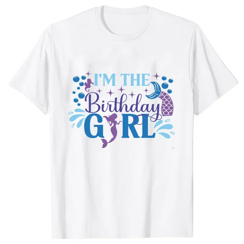 2024 Fashion Birthday Girls Party T-shirt Matching Family Streetwear Mermaid Graphic Tops Unisex Kids White Short Sleeve Tees