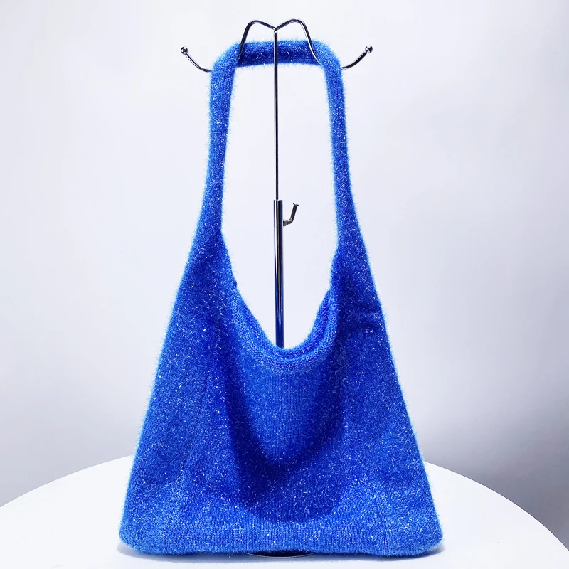 Korean Casual Bags For Women Luxury Designer Handbag And Purses 2024 New In Polyester Knitting Shiny Felt Soft Underarm Shoulder