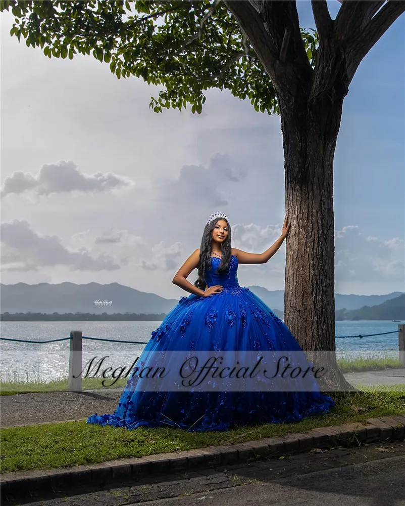 México Royal Blue Sweetheart Vestido Quinceanera 2025 Bead 3D Flower Corset Prom Dress Vestido de Baile Doce 16 15 Robe De Customized