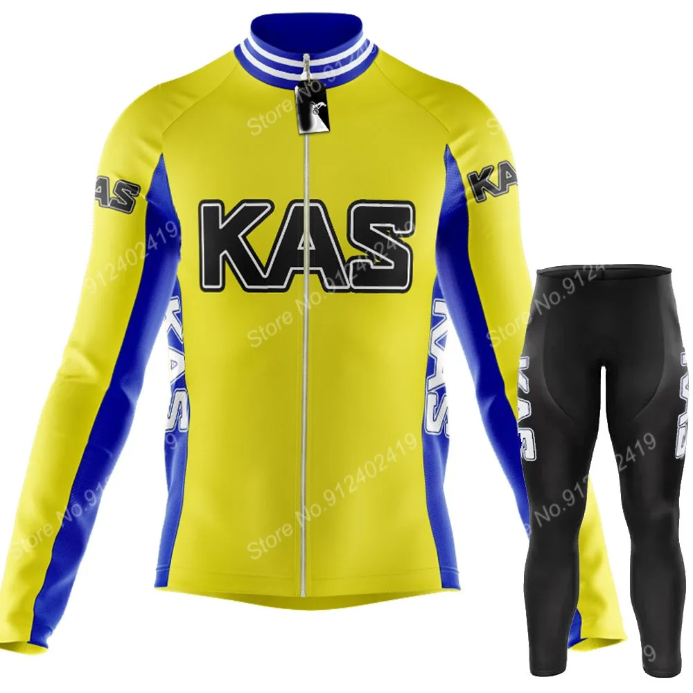 KAS Team 2023 Cycling Jersey Set Mens Summer Long Sleeve Bicycle Clothing Road Bike Pants Bib Suit MTB Maillot Culotte