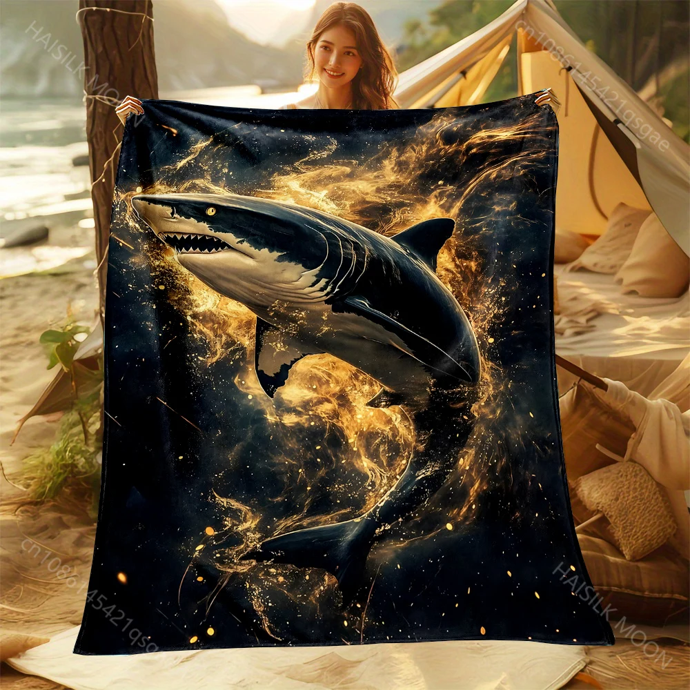 1PC Shark with fiery background Print Adult Children Warm Blankets Home Travel Car Soft Comfortable Suitable for all seasons