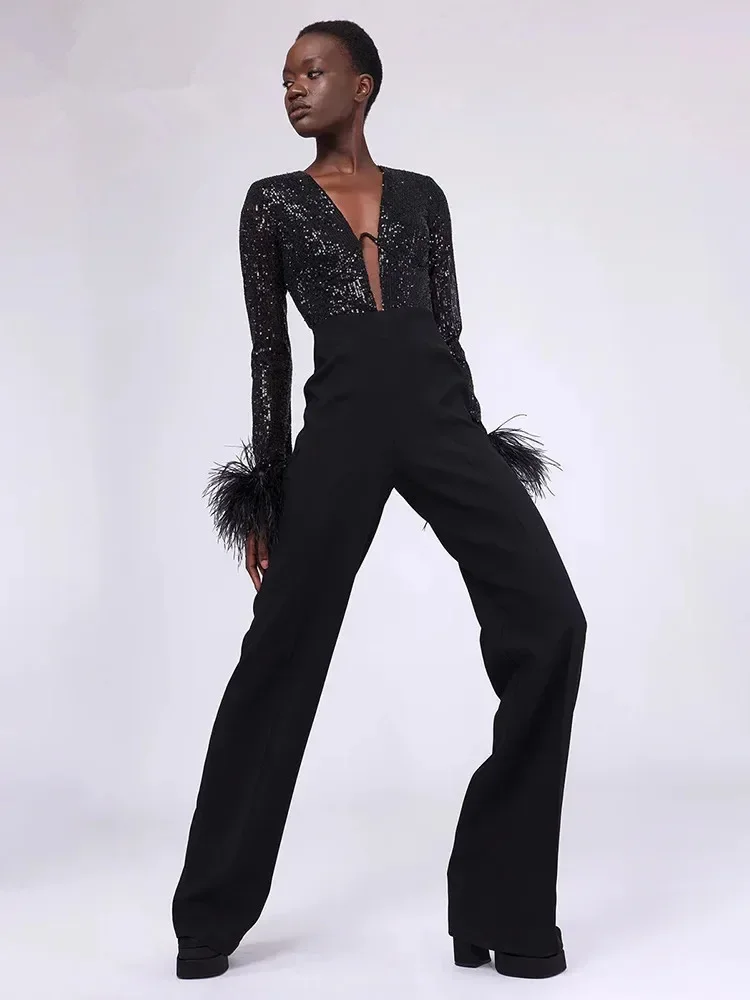 Luxury Party Jumpsuits or Women Designer Black Sequines Top Bandage Pants Patachwork Deep V Neck Celebrity Evening Party Rompers