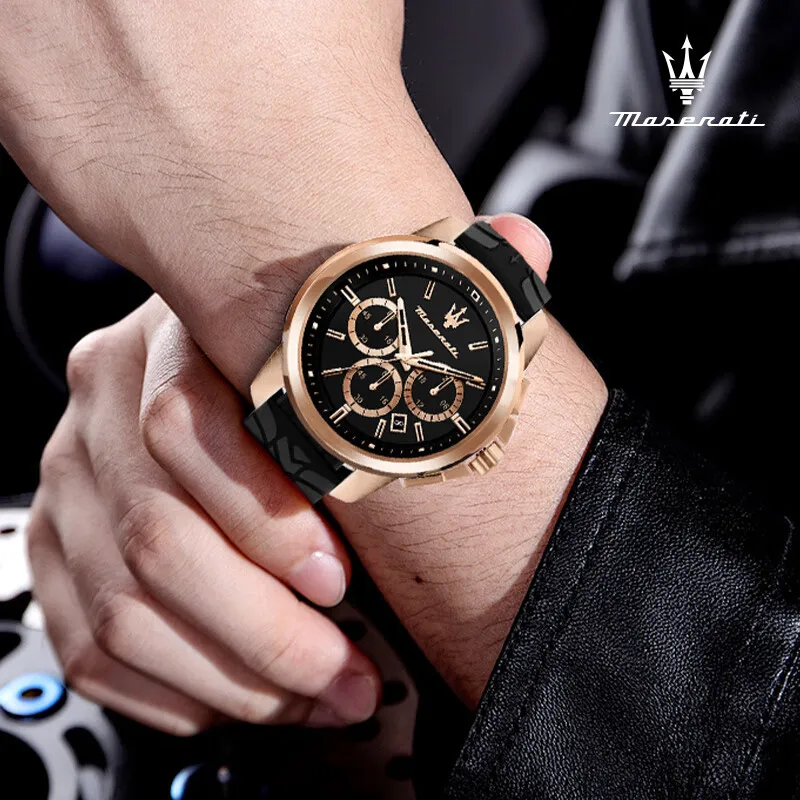 ساعة مازيراتي الأصلية للرجال، سلسلة نجاح السباق الرياضية، ساعة كوارتز عصرية مقاومة للماء، حزام سيليكون متعدد الوظائف