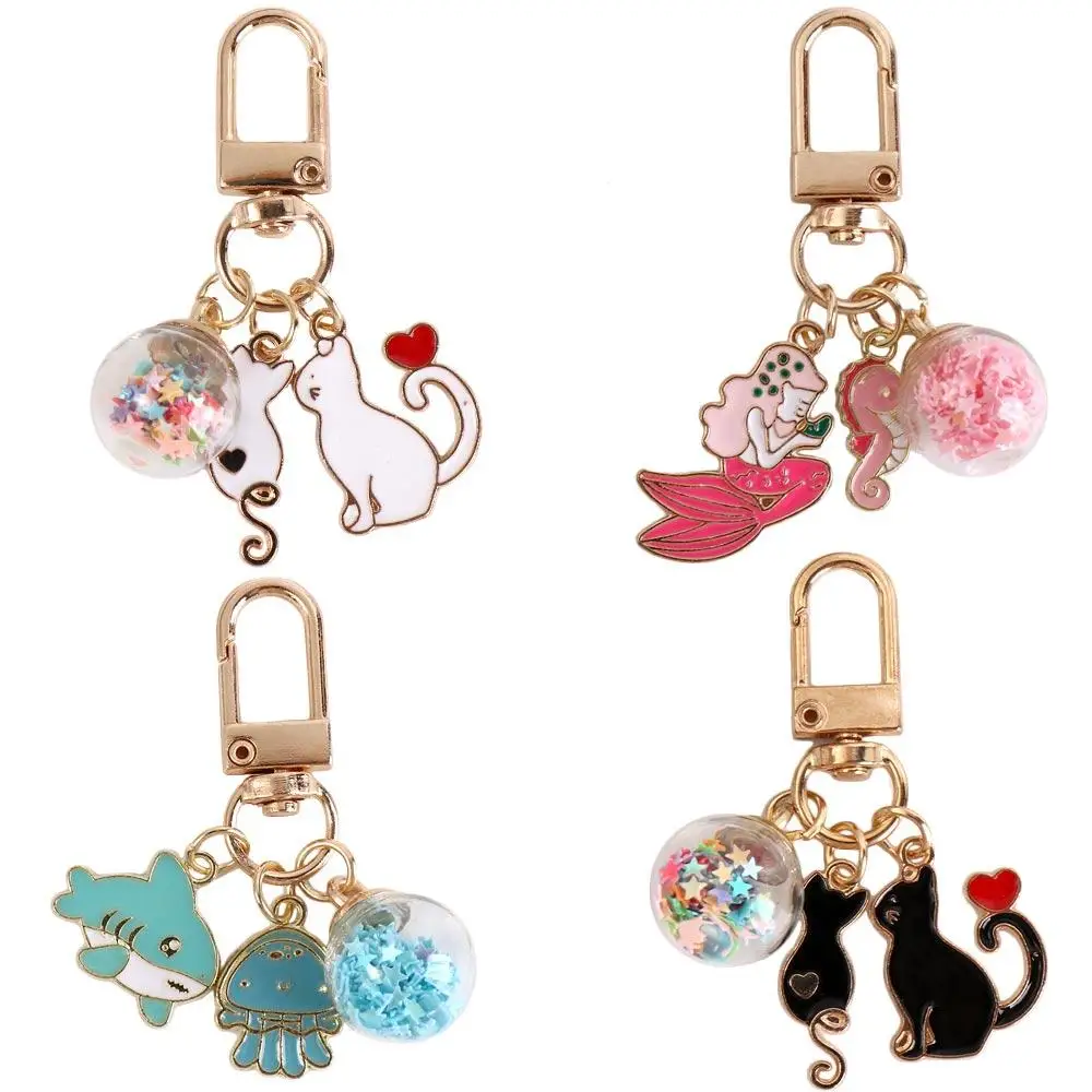 Ocean Pendants Cat Metal Key Ring Jewelry Charms Cartoon Enamel Keychain Mermaid Metal Cat Couple Keychain Couple