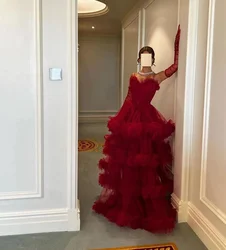 Fashionvane 2024 Customized Women A-Line Ruffles Tulle Tiered Burgundy Prom Dress Wedding Party Dress Formal Evening Dress