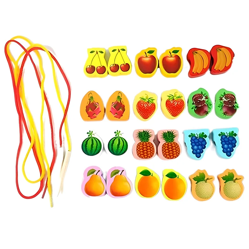 26pcs Wooden Beads Toys Fruits Cartoon Pattern DIY Stringing Threading Wooden Bead Monterssori Educational Games for Kids TMZ