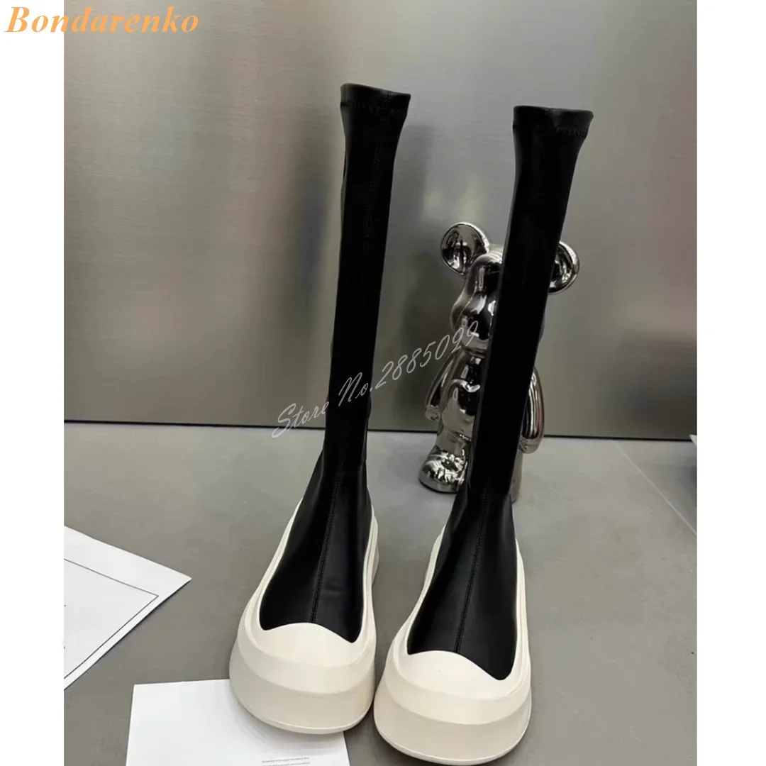 

Thick Sole Round Toe Boots Thin Zipper Knee High Boots Mixed Colors Leather New Style Women Shoes Winter Party Designer Casual