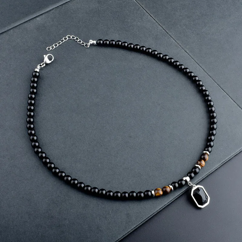 Stainless Steel Tiger Eye Black Crystal Pendant Necklace Men Personality Fashion Natural Stone Strand Beaded Necklace Jewelry