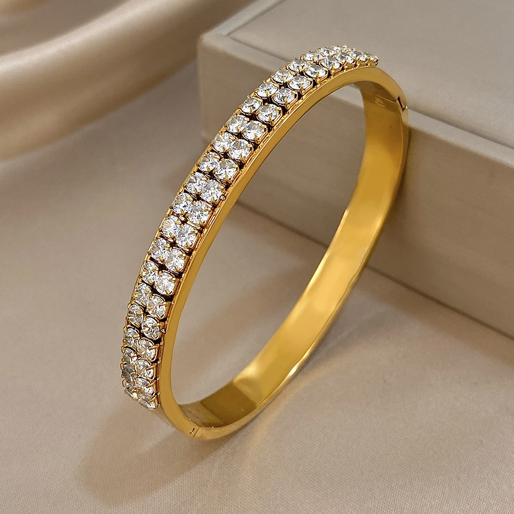 DODOHAO Elegant Shiny Zircon Stainless Steel Round Open Bracelet for Women Minimalist Waterproof Smooth Gold Color Spring Bangle