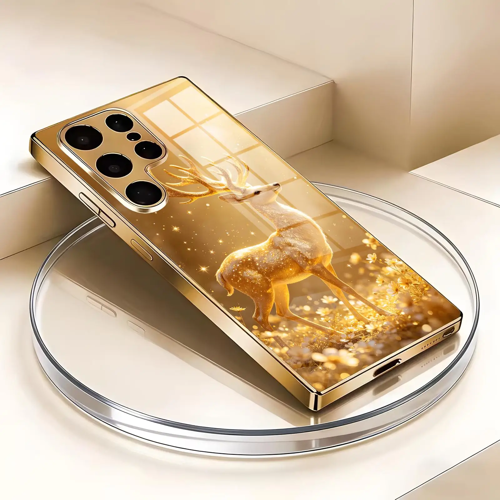 Pure Gold Deer  Phone Case For Samsung S26 S25 S24 S23 S22 S21 Plus Ultra Note20 Electroplated glass Phone Case