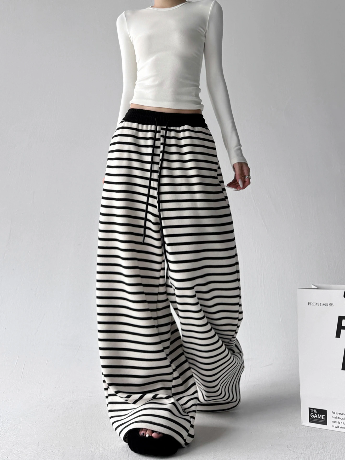 المرأة عادية مخطط بنطال ذو قصة أرجل واسعة عالية الخصر بنطلون الطابق طول ثنى المرقعة الخريف الشتاء جديد Sle فضفاض صالح