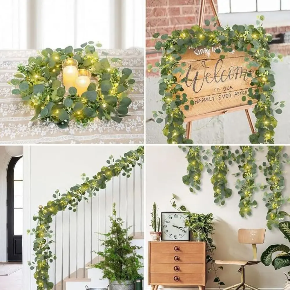 Lush With Lights Eucalyptus Garland Artificial Leaves Green Artificial Garland White Flowers Berries Fake Plant Vine Front Door