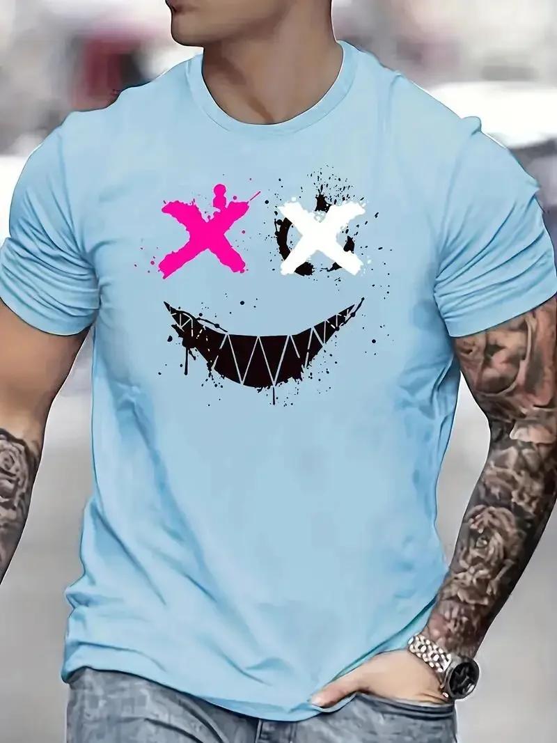 Cross Eyes Smile Face Print, Men\'s Graphic T-shirt, Casual Comfy Tees Tshirts for Summer, Men\'s Clothing Tops