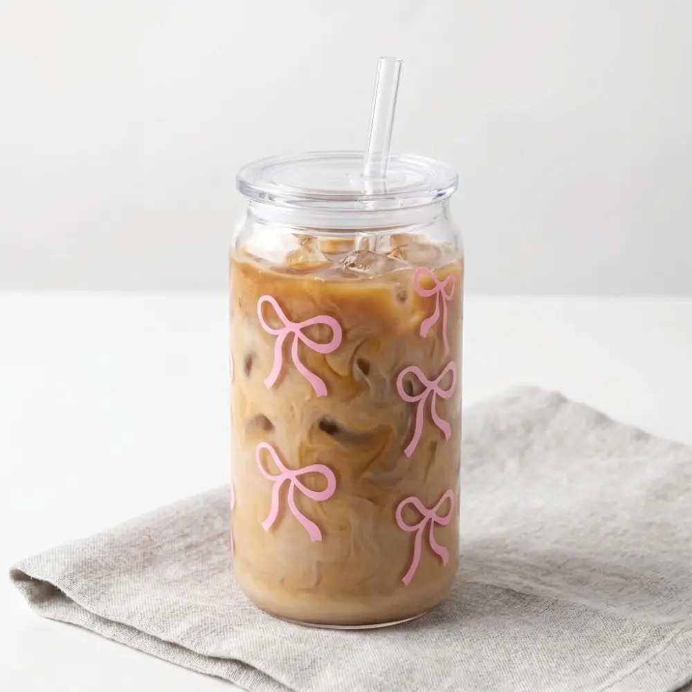 Sweet With Lids Bow Cup Transparent Plastic Clear Straw Cup Large Capacity Drinking Cup Iced Coffee