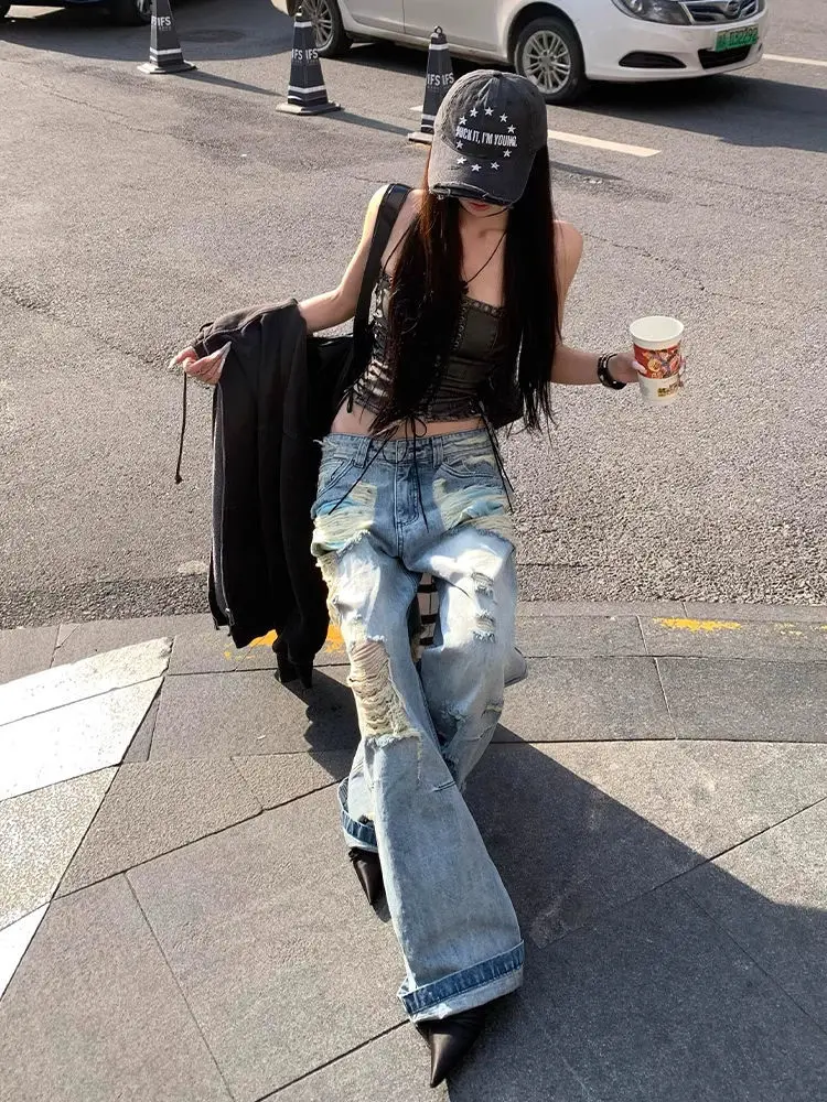 

Женские летние рваные синие джинсы с высокой талией, уличная одежда в американском стиле ретро, широкие брюки Y2K, мешковатые джинсовые брюки 2000-х годов