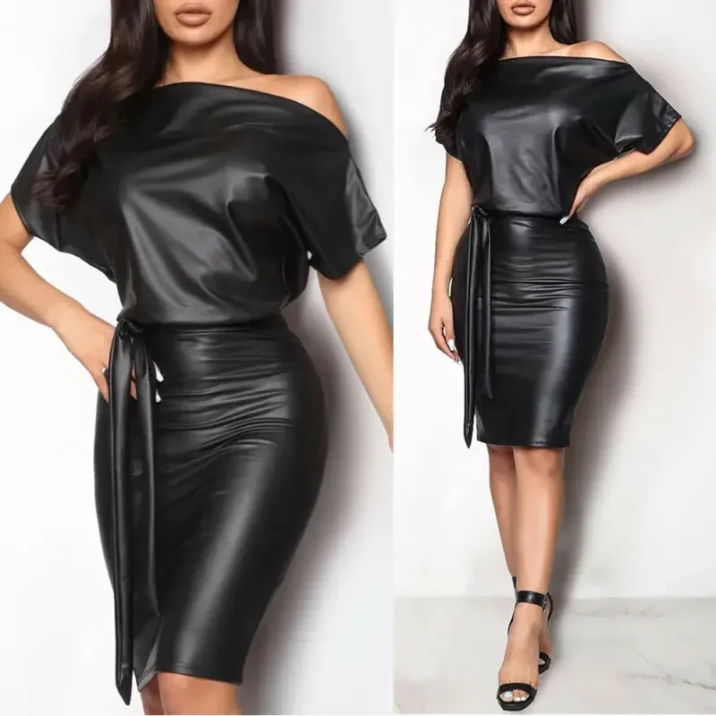 

Women's Summer Long-sleeved Knee-length Pencil Skirt Black Asymmetric Sexy Faux Leather Dress