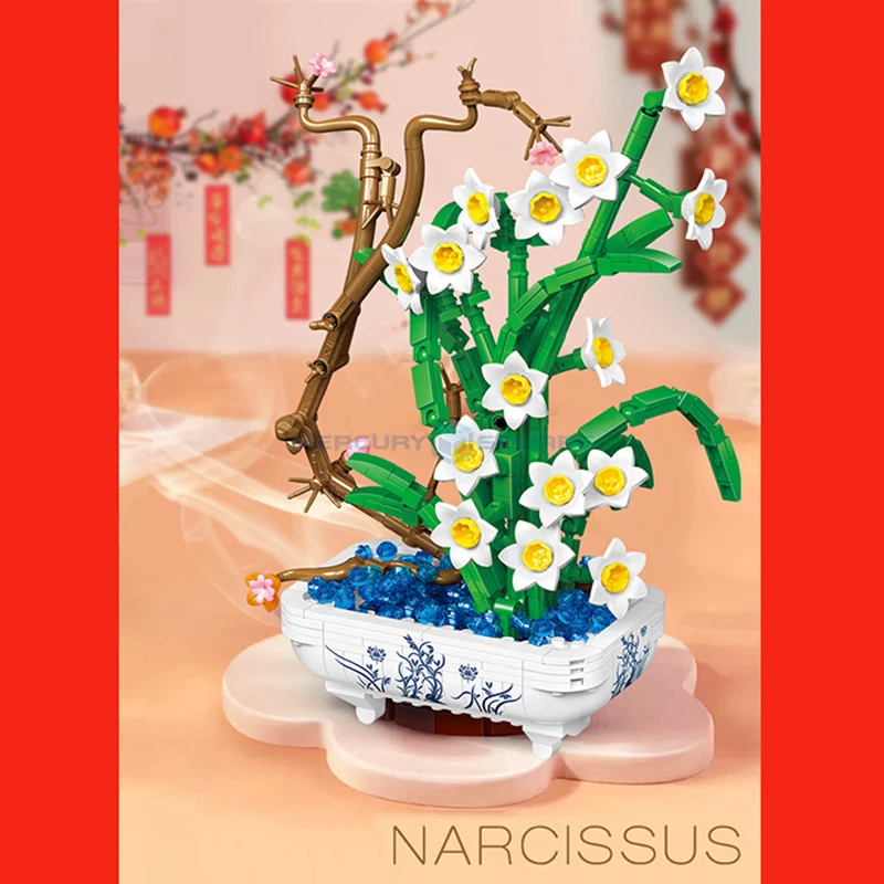 Narcissus Blossom MOC Flower Fragrance Potted Blocks Botanical Collection Plant Decoration Model Building Bricks Toy Gift Kit