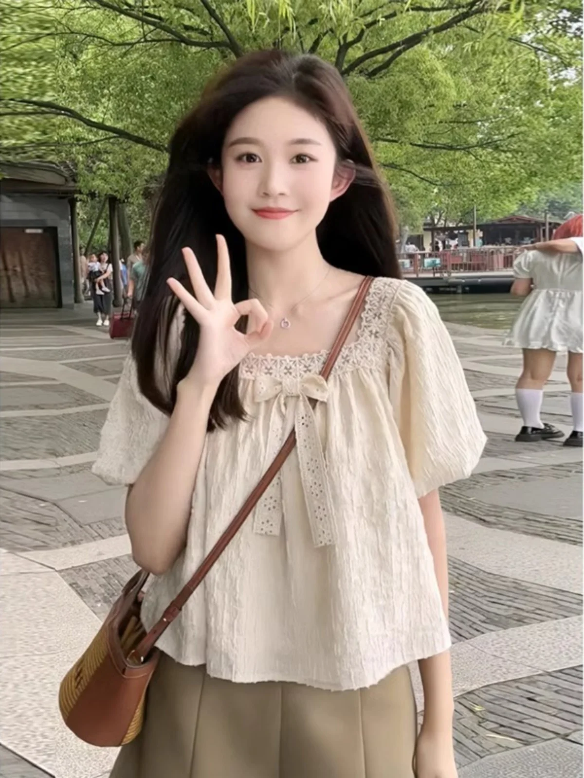 

Sweet Style Bubble Sleeve Square Collar Short Sleeve Chiffon Shirt Women Summer New plus Size Fat MM Belly Cover Doll Shirt Top