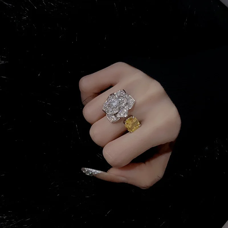 S925 Silver Fashionable and Luxurious Gold Zirconium Rose Flower Full-Diamond High-End Style Open-Ring