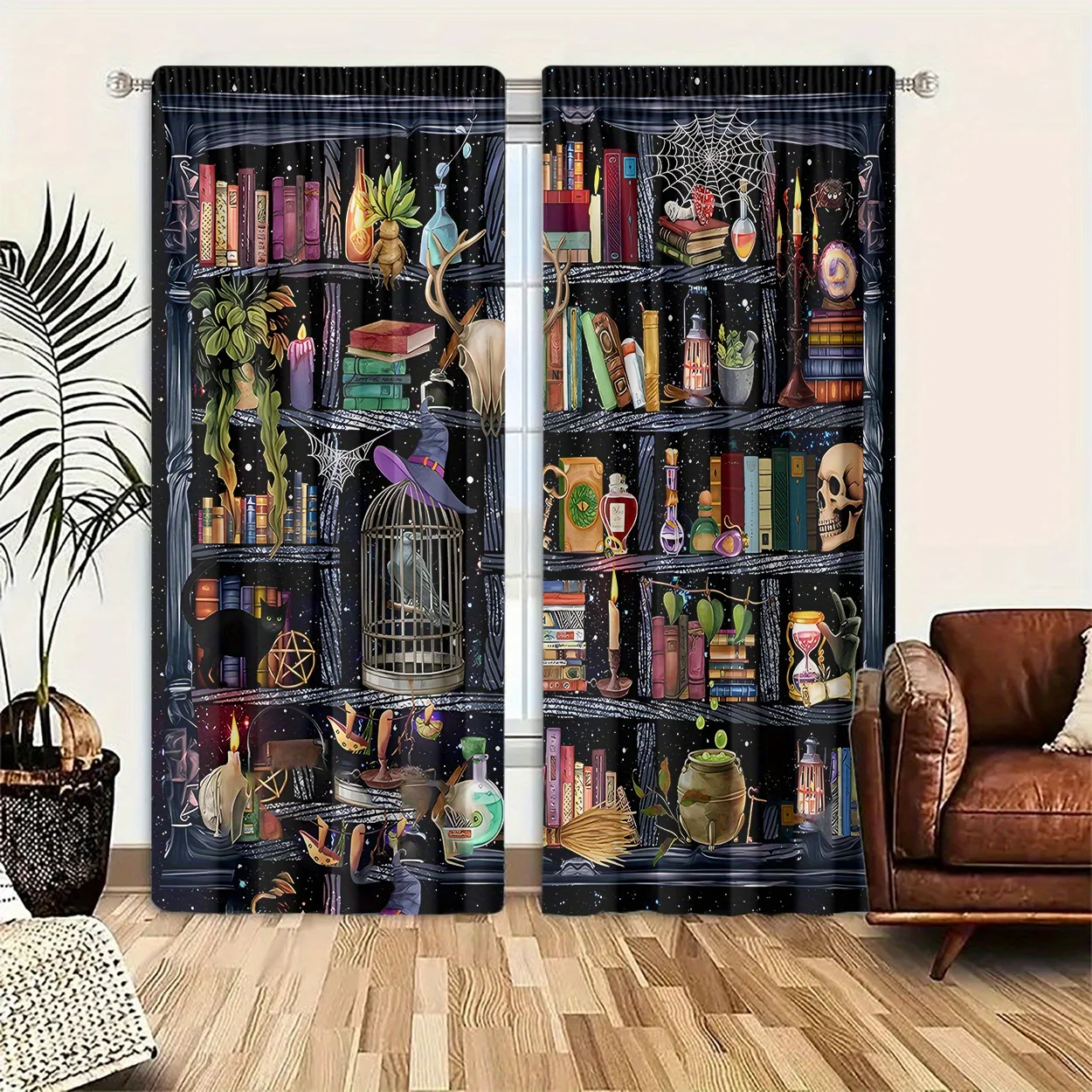 2PC Books & Birdcage Print Curtains - Digital Printed Light Filtering Polyester Drapes with Rod Pocket for Home Decor