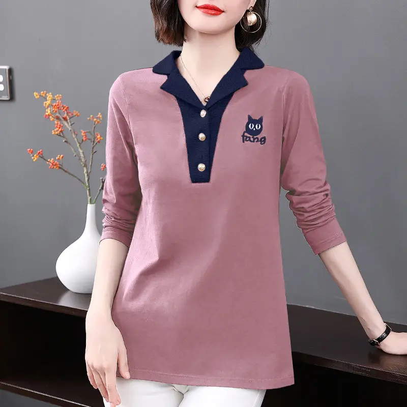 

Women's Midi Polo Neck Button Long Sleeve Patchwork T-shirt 2023 Spring and Autumn New Fashion Embroided Pullover Bottom Tops