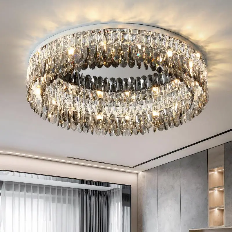 Modern Luxury K9 Crystal Chandelier Flush Mount Ceiling Light Round Prism Stainless Steel Lamp for Living Room Dining Parlor