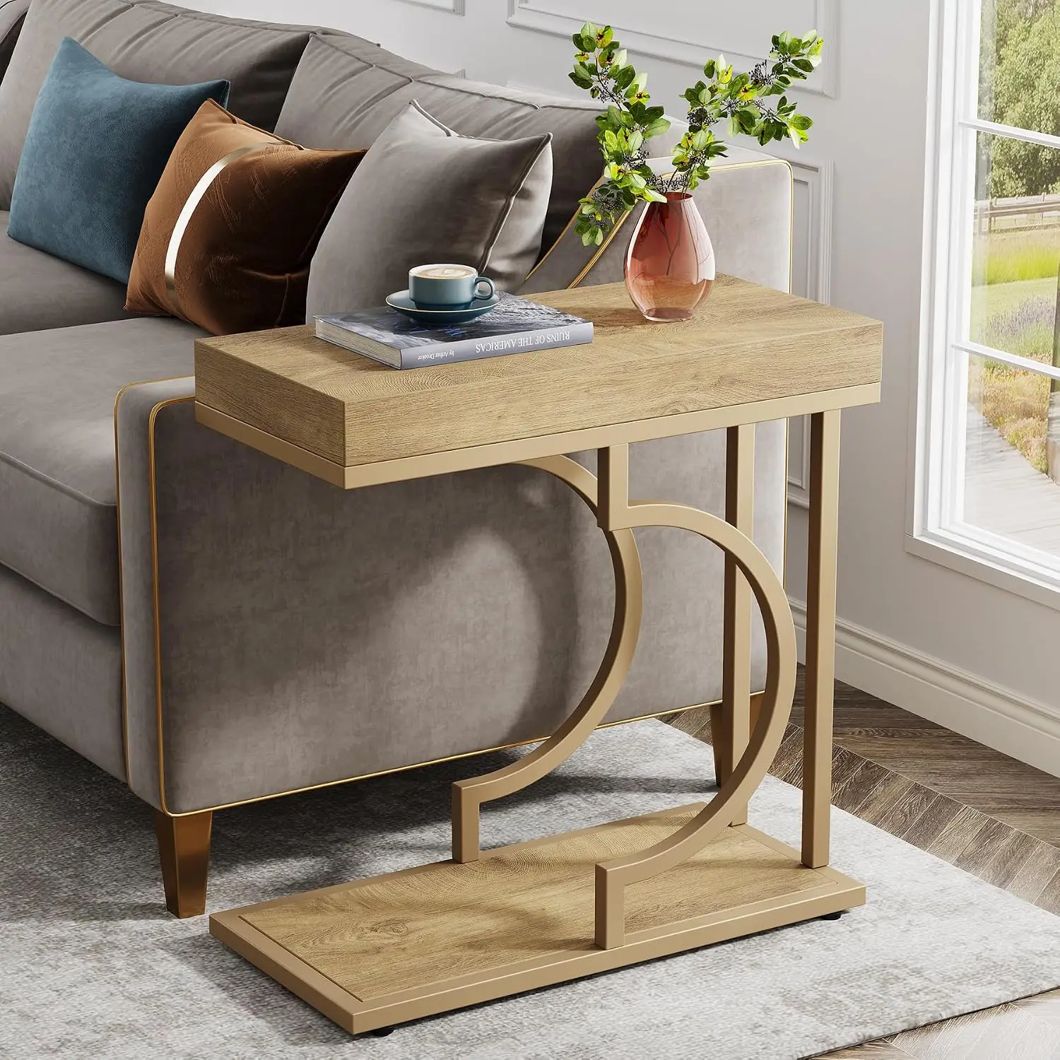 Narrow C Shaped Side End Table Sofa Chairside Bedside Accent Table With Sturdy Metal Frame For Living Room Bedroom Home Decor Set Of 2 Natural Wood Tone Finish