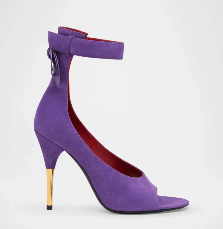 Sandalias de tacón alto con correa en el tobillo y punta abierta de gamuza negra/morada para mujer, novedad de verano 2026, zapatos de fiesta de diseñador de lujo con cremallera