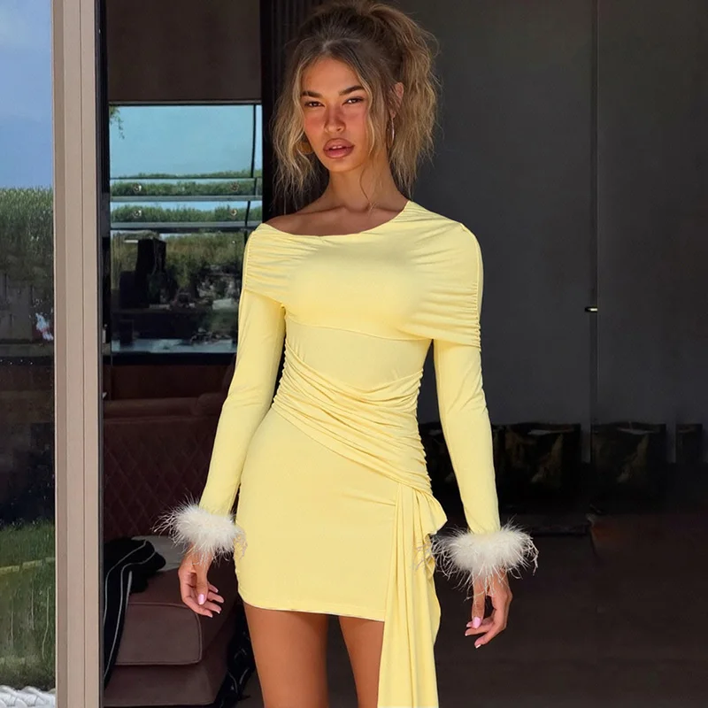 

Tuularose Fashion Bandage Dress Women Sexy Fitted Pleated Patchwork Long Sleeve Dress New High-Waisted Party Solid Female Dress