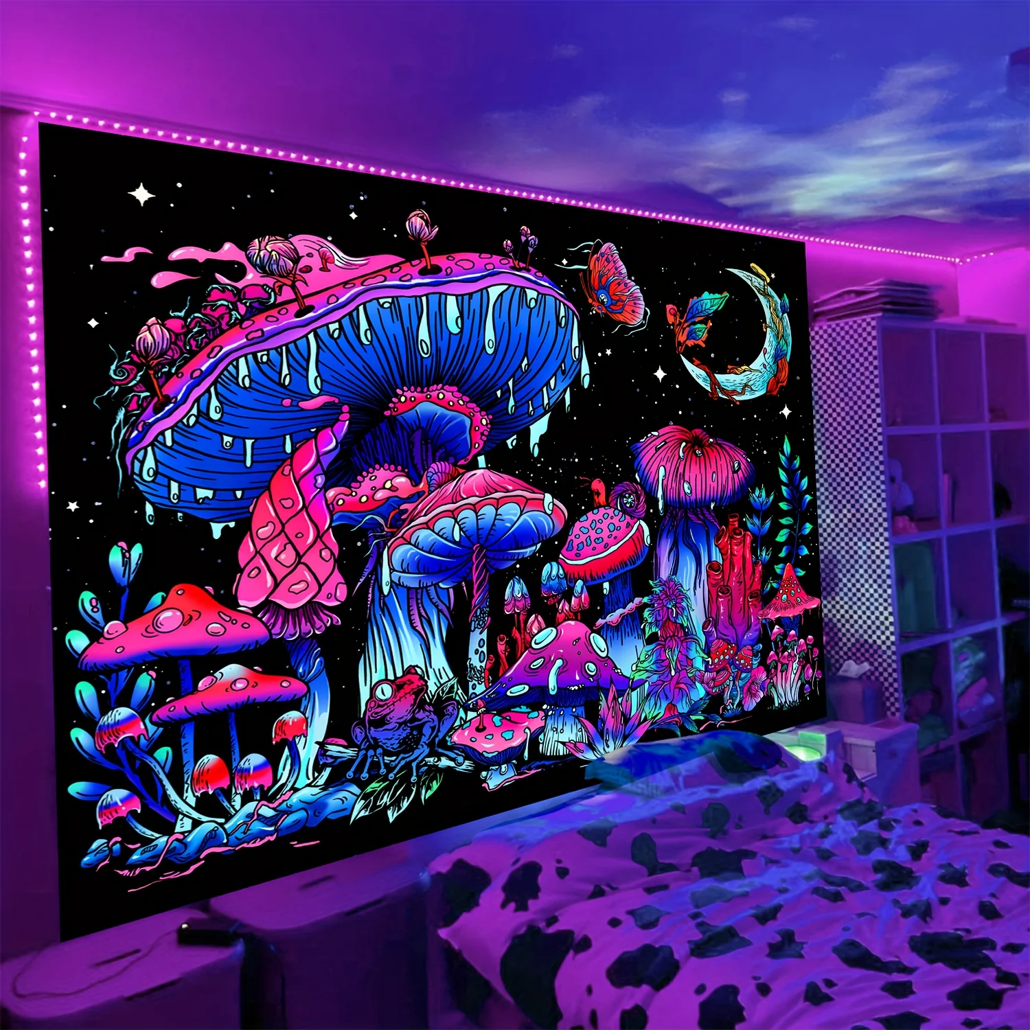 A Beautiful Mushroom Moon Glow Tapestry, Large Size Glow Fabric, Home Decoration, Suitable for Living Room Or Dorm Use