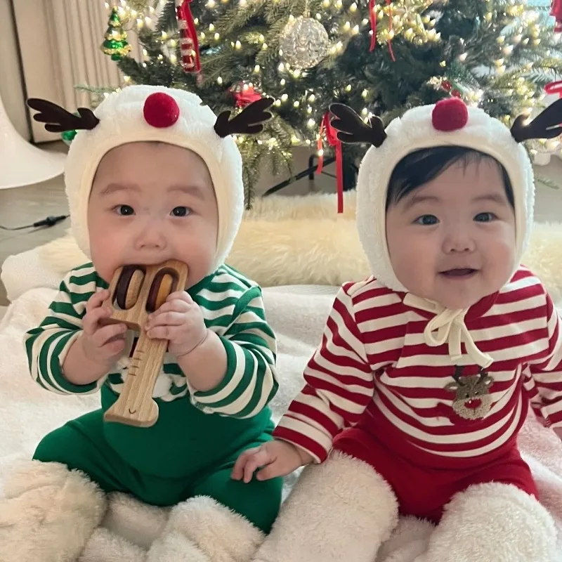 2024 Christmas Infant Baby Set Korean Children's Long Sleeve Two piece Set  Red Green Toddler  Baby Striped Top Festival Suit