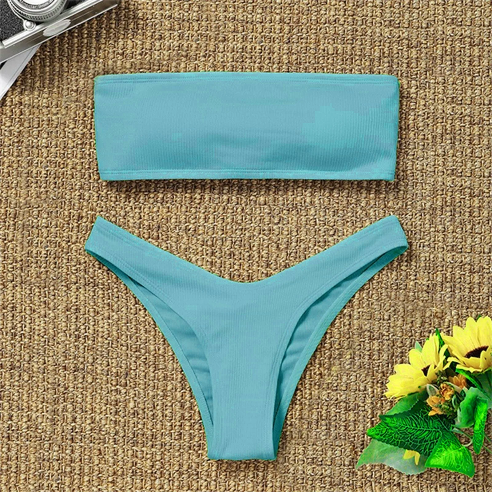 Sexy Textured Bikini 2024 Bandeau Swimsuit Women Swimwear Push Up Bikini Set Solid Bathing Suit Beach Wear Biquini Female image 4