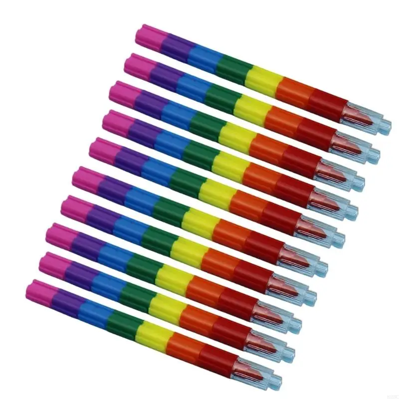 Stackable Crayon Pen Set 10 Pack, 7 Color Multi-Color with Segmented Barrels and Clear Cap for Students, School Art 896C