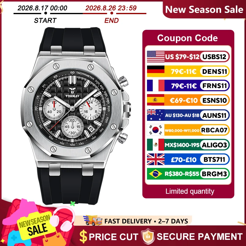 2026 Neue TYBERLEY Luxus Herren Quarzuhr Sport Chronograph Leuchtend Wasserdicht Modeuhr Herren Silikonarmband + BOX