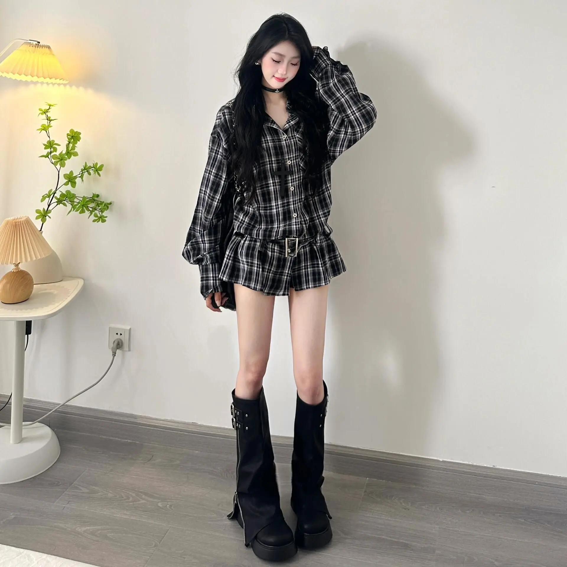 Autumnal American Embroidered Letter Plaid Long Sleeve Women's Loose Single Button Casual Shirt Y2K Cultural Top