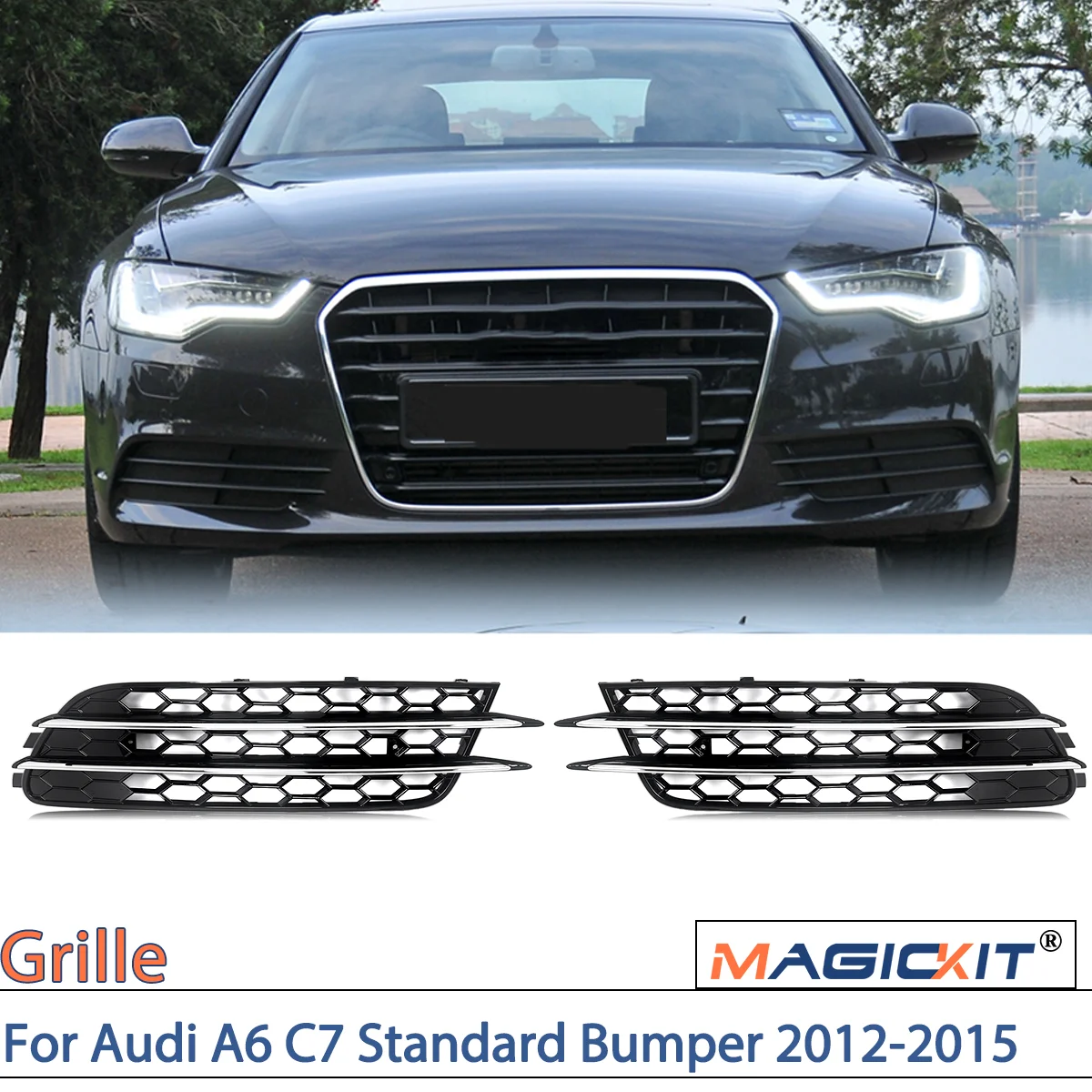 

MAGICKIT Chrome+Black Honeycomb Fog Light Grille For Audi A6 C7 Standard Bumper 2012-2015 CAR Accessories Black W/ Chrome Ring