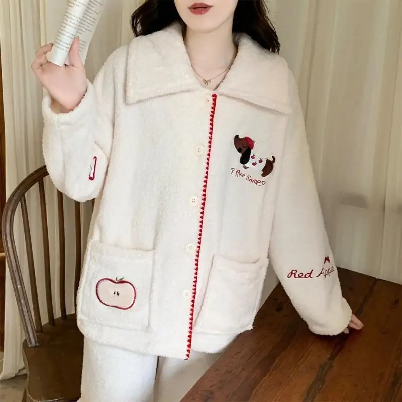 

New Apple Coral Fleece Thick Cardigan Two-Piece Flannel Sleepwear Women Autumn Winter Comfortable Long Sleeve Home Clothes Girl