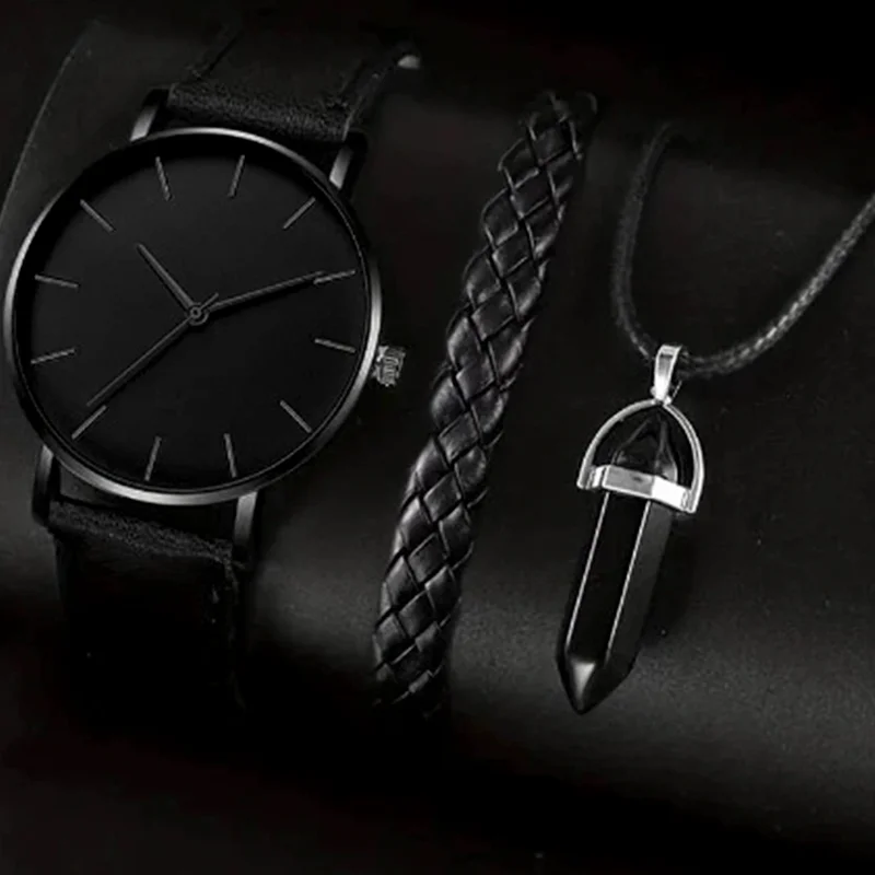 3PCs Men's Simple Round Belt Quartz Watch+Woven Bracelet+Necklace Combination Set Christmas gift