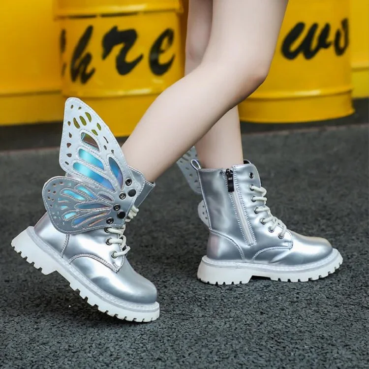 Children\'s Riding Boots 2024 Autumn New Girls Princess with Wings Fashion Colorful Short Boots Trend Kids Leather Ankle Boots