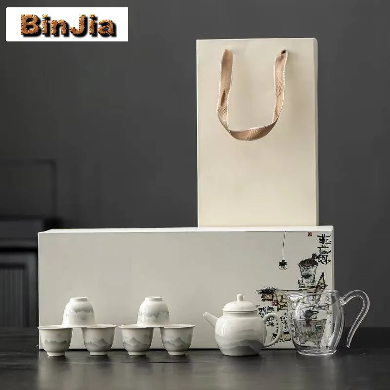 

Керамический чайный сервиз в стиле ретро с растениями и пейзажем, полный набор, набор чайной церемонии ручной работы, чайник и чайная чашка, набор кафе, коллекция, ремесло