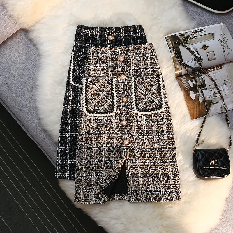 Winter New Woolen Skirts Women Vintage High Waist Plaid Long Woolen Skirt Office Ladies Fashion Elegant Skirts Female