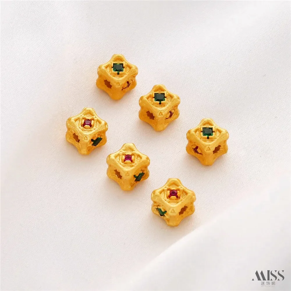 

Matte Gold Color Retention Ancient Gold Inlaid Zircon Bone Square Bead Top Bead DIY Wenwan Bracelet Accessories
