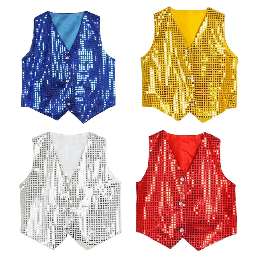 Boys Girls Sequined Vest Waistcoat Hip Hop Jazz Street Dance Vest Birthday Christmas Halloween Stage Performance Shinny Vest